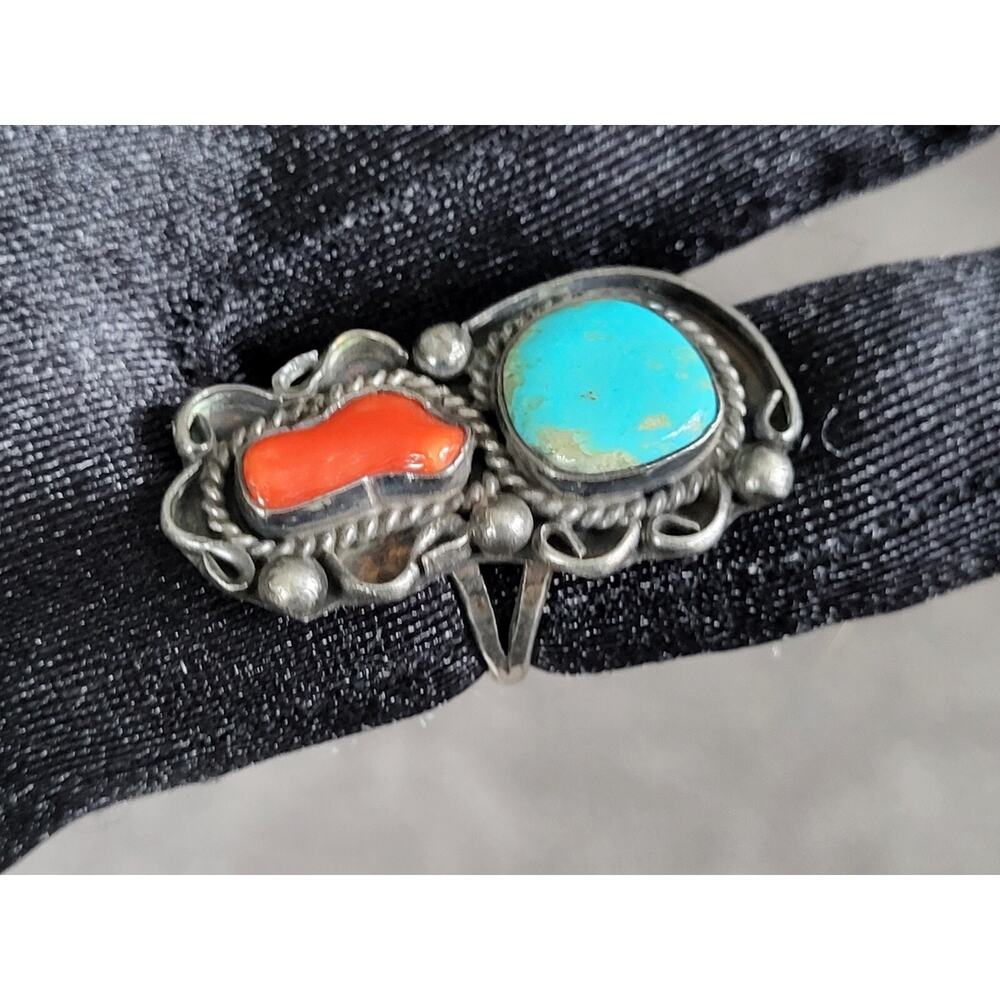 Vtg Navajo Native American Sterling Silver Turquoise Mediterranean Coral Ring 7" - Picture 2 of 6